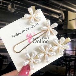 Clema pentru par metalica AGF012XX - Auriu cu perle Albe, Set 3 bucati